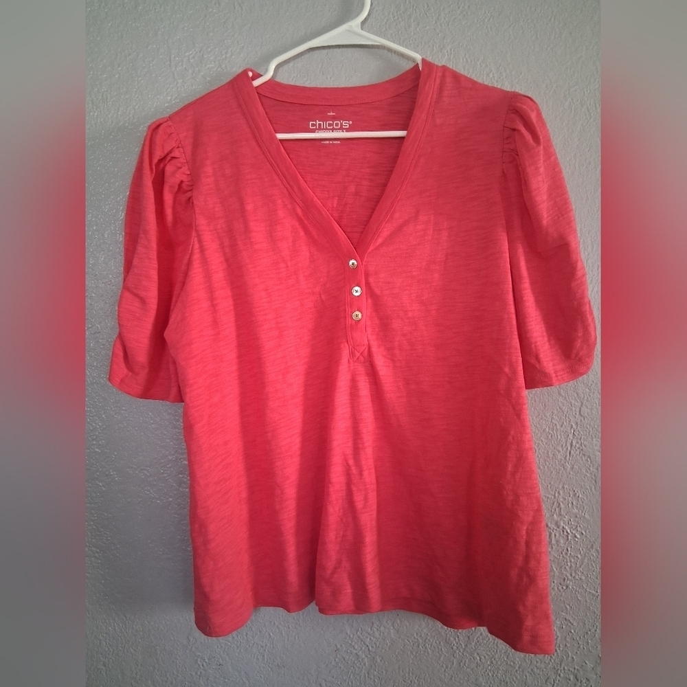 Chico's NWT Cotton Slub Shirred Sleeve Henley Tee Dreid Roses 3/XL